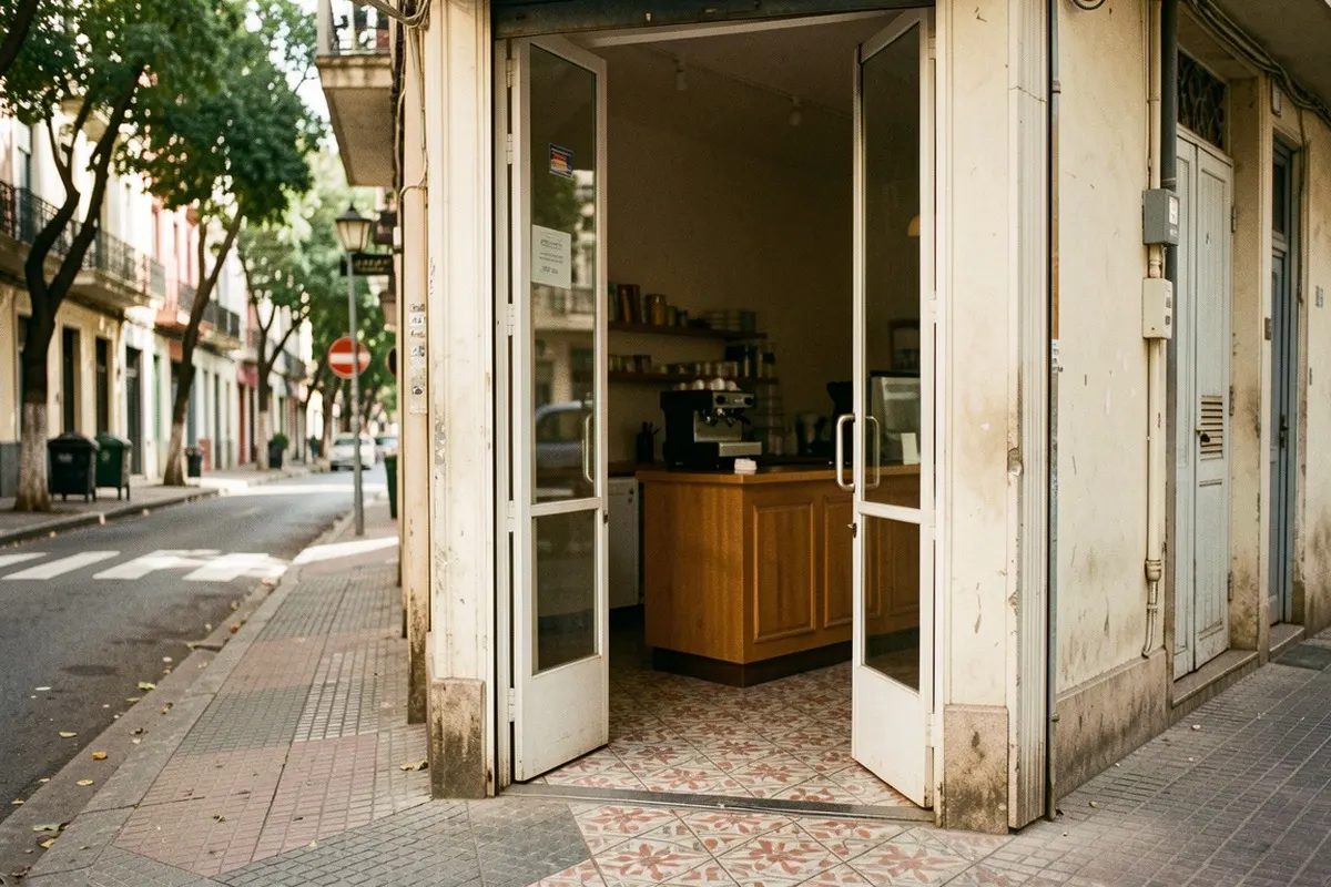 An empty street-corner café frontage with its counter visible inside
