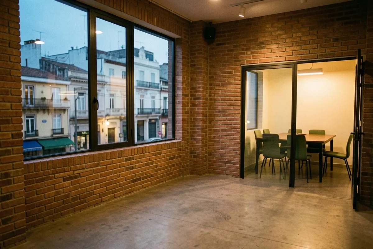 An empty coworking lounge with broad windows at dusk